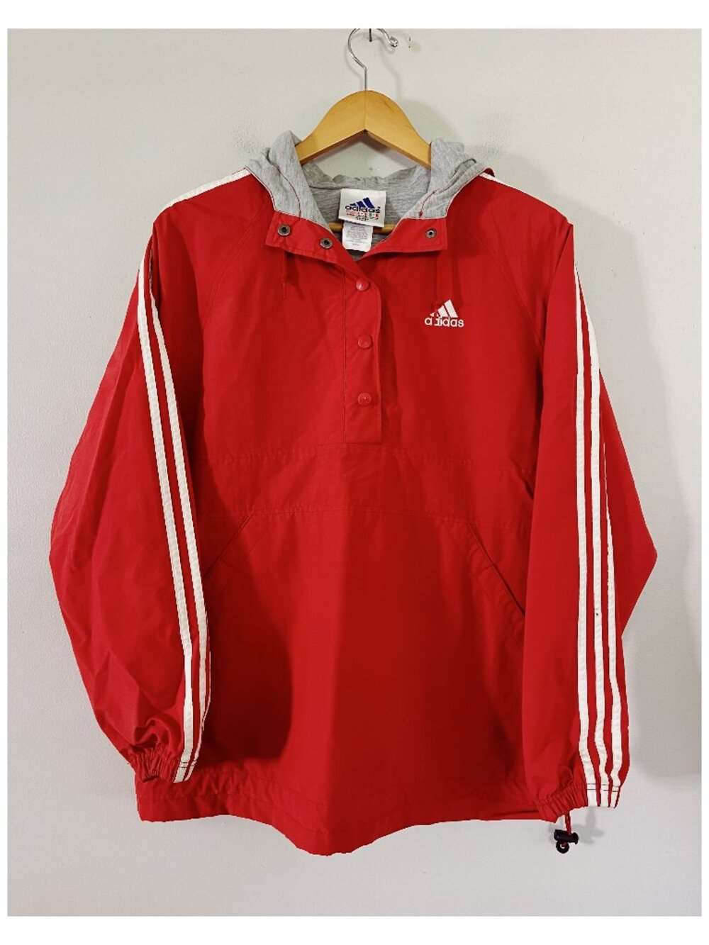 Adidas Sz L Y2K Red Hooded and Lined Windbreak with Kangaroo Pocket